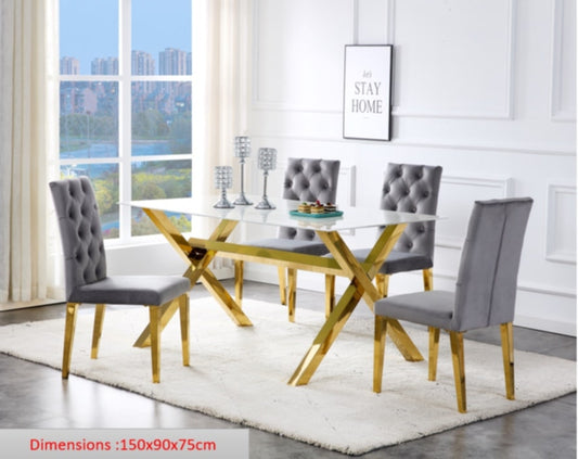 Table repas Ixe – Pieds gold et plateau effet marbre blanc 150x90x75 cm