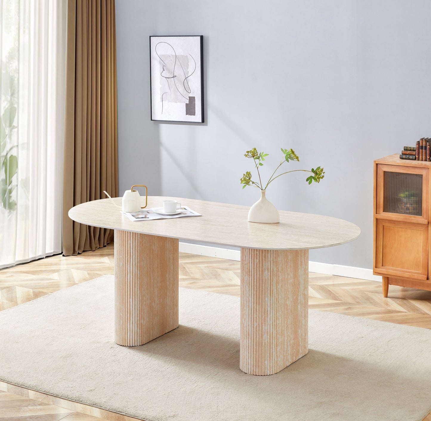 Table à manger Roxy 160x90 cm – Pied effet travertin et plateau en céramique travertin mat