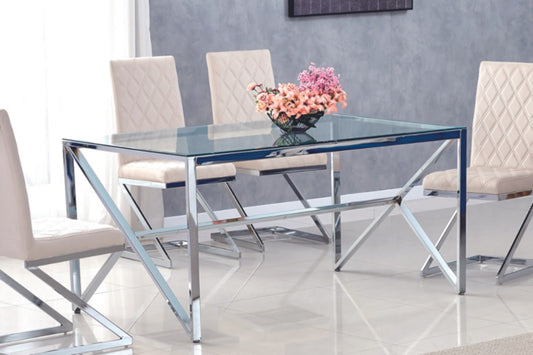 Table à manger Majestique – Pieds chrome et plateau transparent 150x90x75 cm
