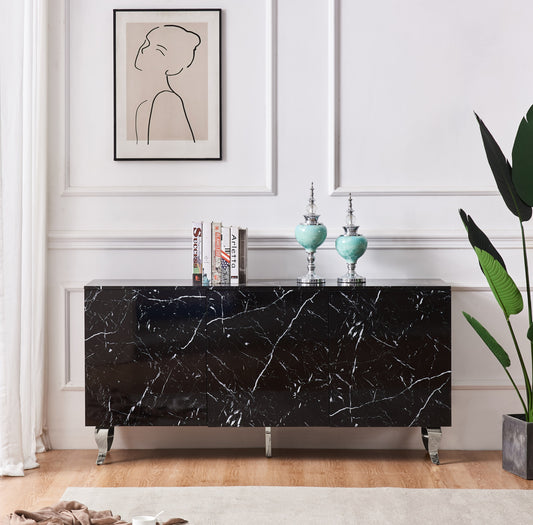 Buffet baroque laqué marbre noir 3 portes 160x40x80 cm – Pieds chromés et design élégant