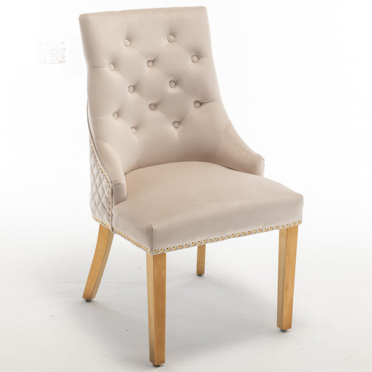 Chaise Anneau Cloutée Matelassée en Velours Beige avec Pieds Dorés – Luxe et Élégance