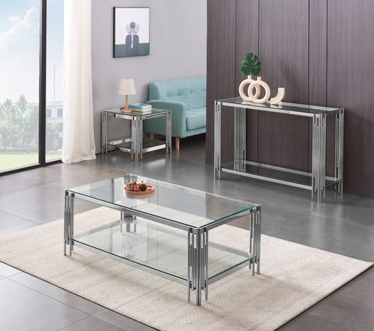 Table Basse Flute – Pieds Chrome & Plateau Transparent 120x60x45 cm