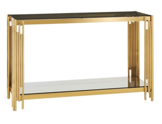 Console Flute en Métal Doré avec Plateau Marbre Noir – 120x40x78 cm