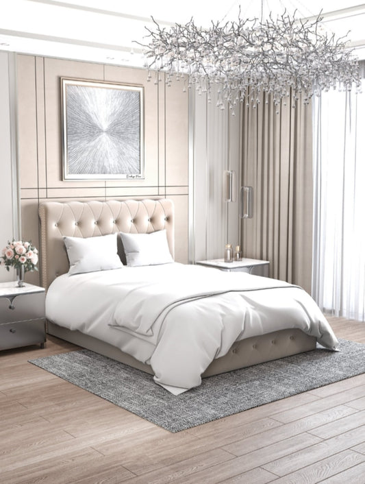 Lit Coffre « Corsica » en Velours Beige – 90x190 cm
