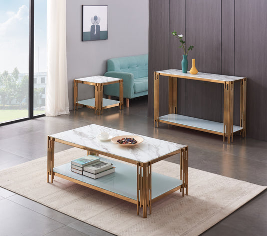 Table Basse Flute – Pieds Gold & Plateau Marbre Blanc 120x60x45 cm