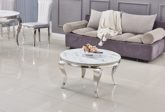Table Basse Baroque Ronde – Chrome & Marbre Blanc 80x45 cm