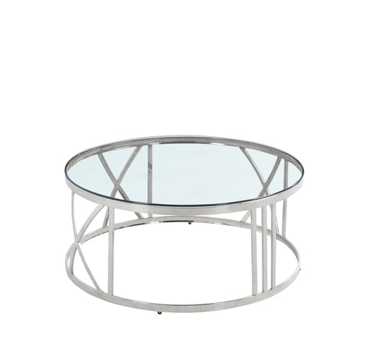 Table Basse Atoms – Métal Chrome & Plateau Transparent 100 cm