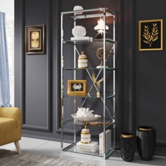 Bibliothèque Arya – Inox & Plateaux Transparants 60x40x180 cm