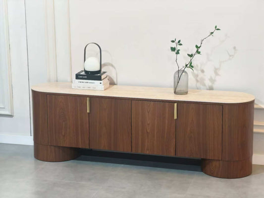 Meuble TV Iconic – Finition Noyer & Plateau Travertin Céramique – 180 cm