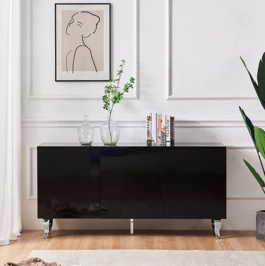Buffet baroque laqué marbre noir 3 portes 160x40x80 cm – Pieds chromés élégants