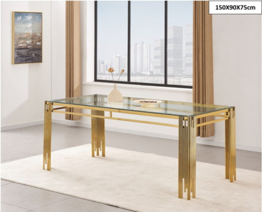 Table à manger Flute – Pieds gold et plateau transparent 150x90x75 cm