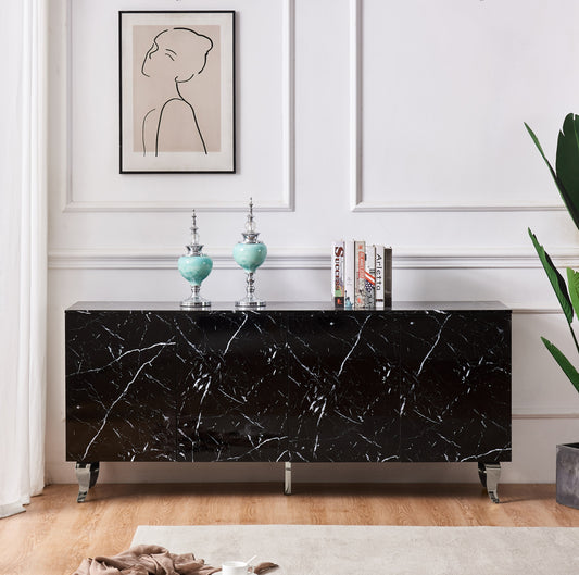 Buffet baroque laqué marbre noir 4 portes 180x40x80 cm – Pieds chromés élégants