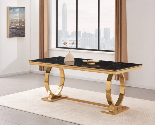 Table de repas Omega – Pieds finition gold et plateau effet marbre noir 180x90 cm