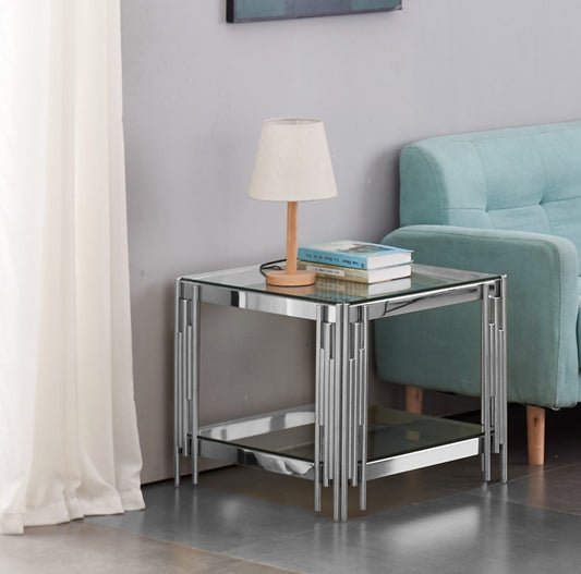 Guéridon Flûte Chrome – Double Plateau Transparent 50x50x55 cm