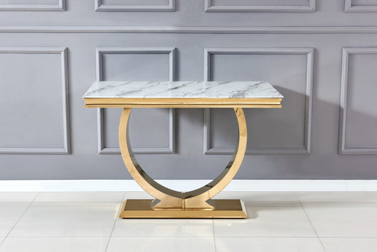 Console Omega en Métal Doré avec Plateau Marbre Blanc – 120x40x78 cm
