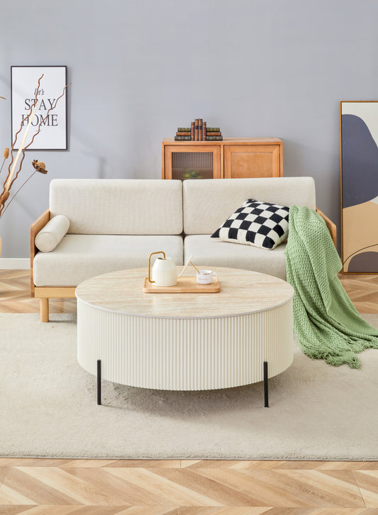 Table Basse – Pied Beige & Plateau Céramique Effet Travertin Mat
