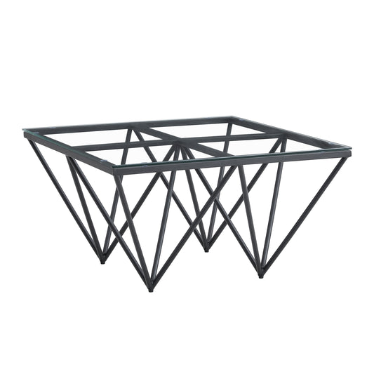 Table Basse Gizeh – Pieds Métal Noir & Plateau Verre Marbre Transparent 80x80x45 cm