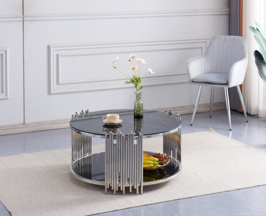 Table Basse Stick – Pieds Chrome & Plateau Marbre Noir 90x45 cm