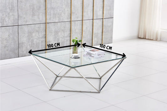 Table Basse Alina – Pieds Chrome & Plateau Transparent 100x100x45 cm