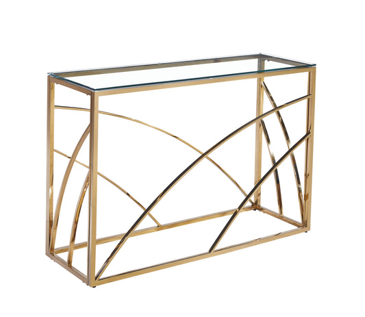 Console Calvin en Métal Doré avec Plateau Verre Transparent – 120x40x78 cm