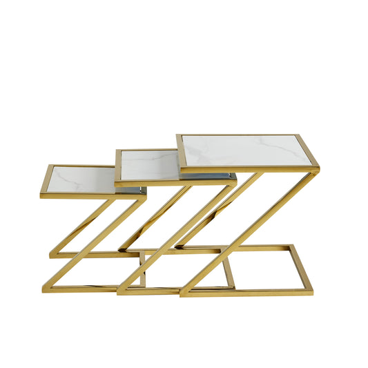 Guéridon Gigogne Gold – Plateaux Marbre Blanc 45x45 / 40x40 / 35x35 cm