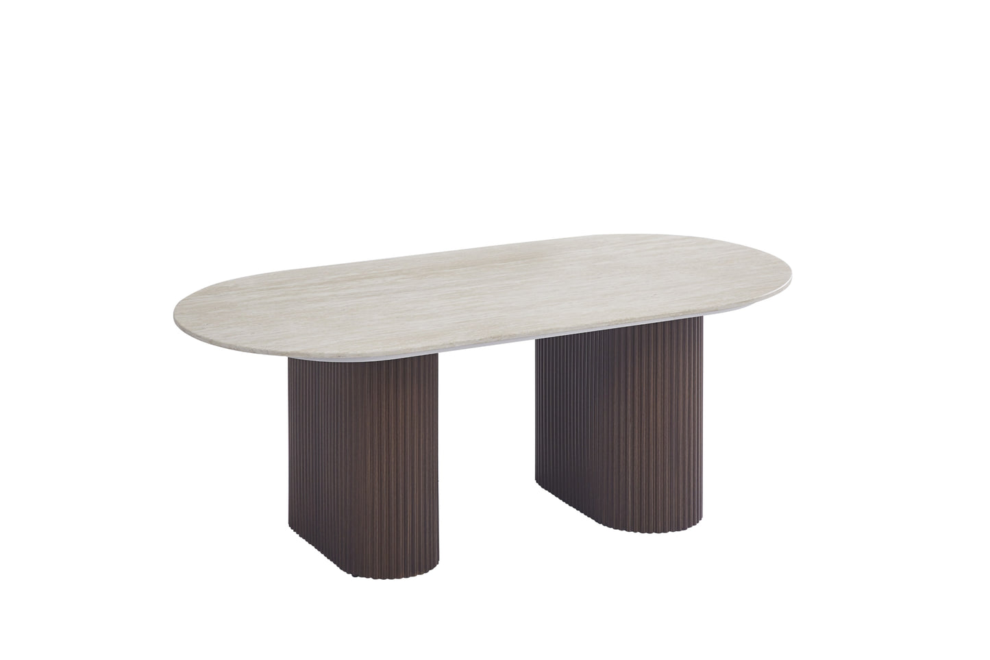 Table Basse Roxy – Pieds en Noyer & Plateau en Céramique Effet Travertin Brillant 120x60x45 cm