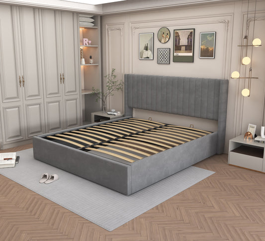 Lit double coffre Camille en velours gris 140x190 cm – Élégance et rangement pratique
