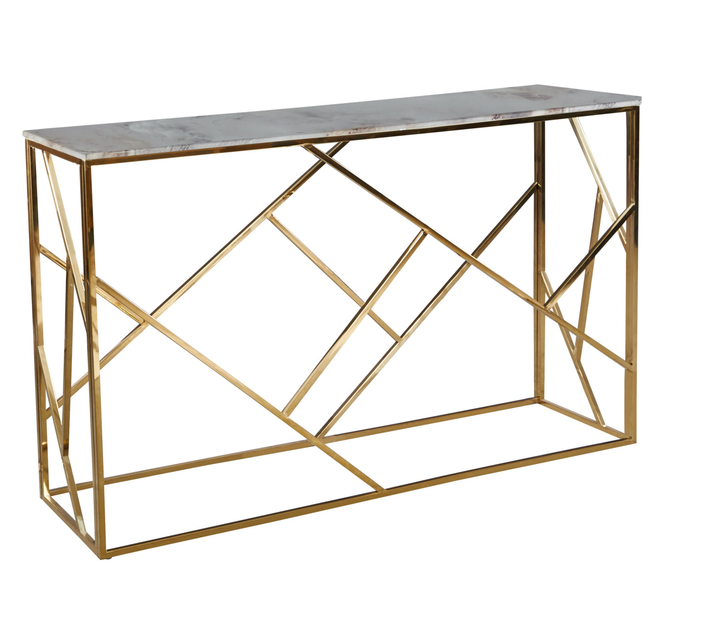 Console Geomag en Métal Doré avec Plateau Marbre Blanc – 120x40x78 cm