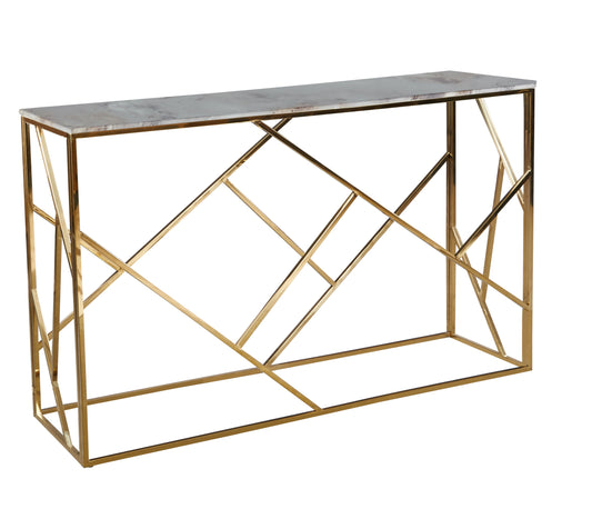 Console Geomag en Métal Doré avec Plateau Marbre Blanc – 120x40x78 cm