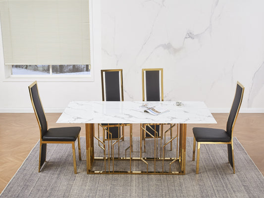 Table repas Portofino – Pieds gold et plateau effet marbre blanc 180x90x75 cm