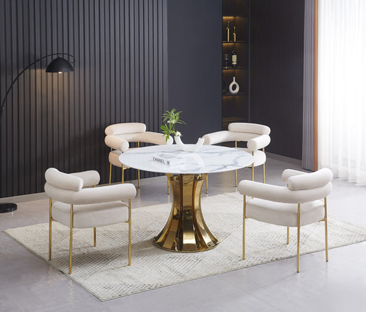 Table à manger ronde Judith – Pieds finition gold et plateau céramique effet marbre blanc Ø120 cm