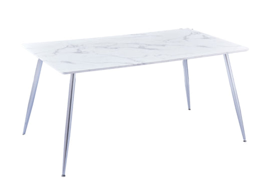Table à manger Agnès – Pieds chrome et plateau effet marbre blanc 150x90x75 cm