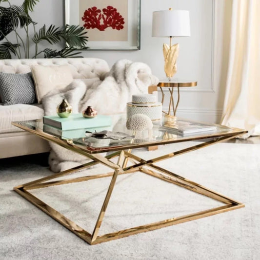 Table Basse Carrée Pyramide – Pieds Gold & Plateau Transparent 100x100x45 cm