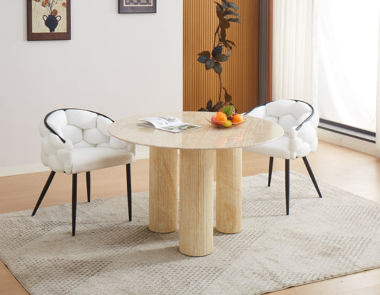Table de repas Anaïs – Pieds métal effet travertin et plateau céramique travertin Ø120 cm