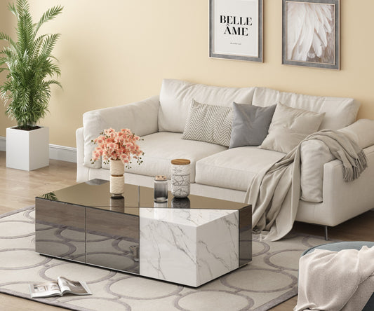 Table Basse Alpha – Plateau Marbre Blanc & Finition Miroir Gris