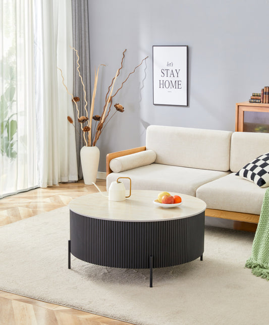 Table Basse – Pied Noir & Plateau Céramique Effet Travertin Mat