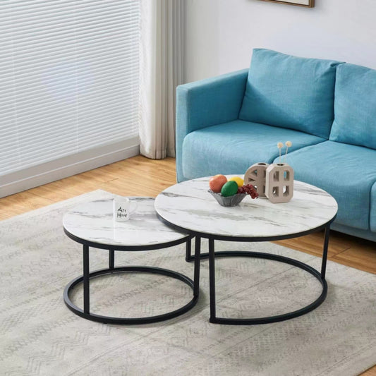 Table Basse Gigogne – Métal Noir & Plateau Verre Marbre Blanc