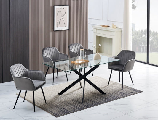Table de repas Jessica rectangulaire – Pieds métal noir et plateau en verre transparent