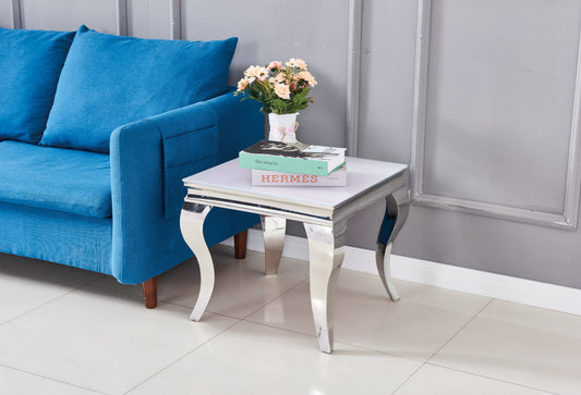 Guéridon Baroque Chrome – Plateau Blanc 50x50 cm