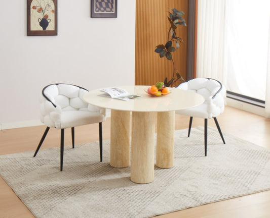 Table de repas Anaïs – Pieds métal effet travertin et plateau céramique beige 120 cm