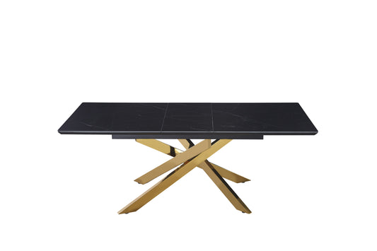 Table extensible Agathe – Pieds gold et plateau céramique effet marbre noir 160/200x90x75 cm