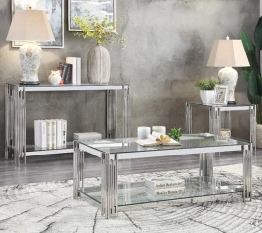 Console Flute en Chrome avec Plateau Verre Transparent – 120x40x78 cm