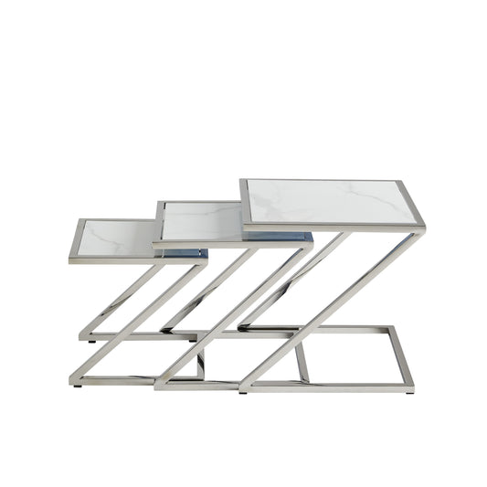 Guéridon Gigogne Chrome – Plateaux Marbre Blanc 45x45 / 40x40 / 35x35 cm