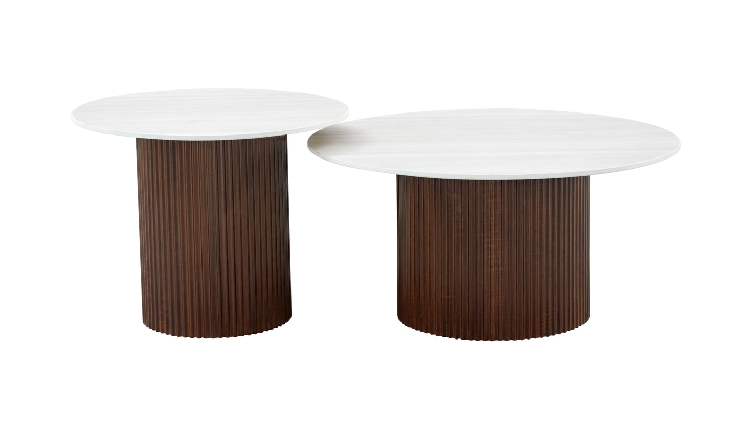 Tables Basses Gigognes Mina – Pied Bois Noyer & Plateau Céramique Effet Bois Blanc (60x45 cm + 80x38 cm)