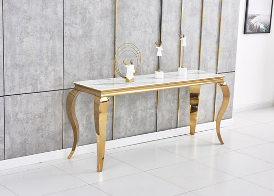 Console Baroque en Métal Doré avec Plateau Marbre Blanc – 110x50x85 cm