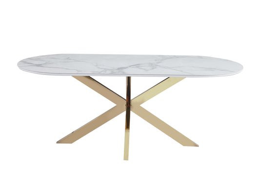 Table de repas Manon – Pieds finition gold et plateau céramique effet marbre blanc 200x100 cm