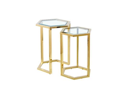 Guéridon Gigogne Hexagonal – Structure Dorée & Plateau Transparent