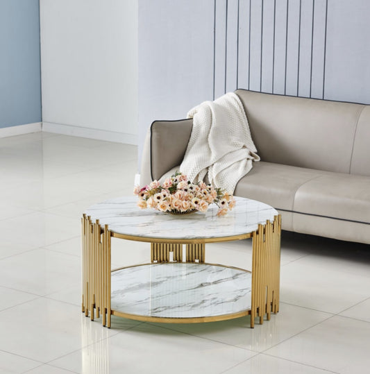 Table Basse Stick – Finition Gold & Plateau Effet Marbre Blanc 90x45 cm