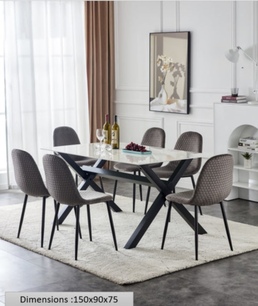 Table repas Ixe – Pieds métal et plateau effet marbre blanc 150x90x70 cm