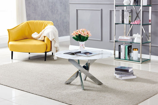 Table Basse Ronde Jessy – Finition Chrome & Plateau en Marbre Blanc (80x45 cm)